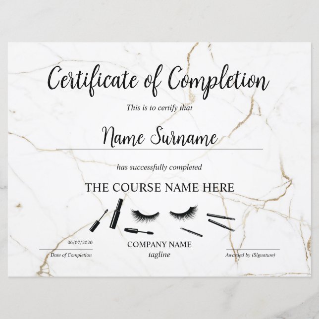 Papier Certificate of Completion Award lashes course (Devant)