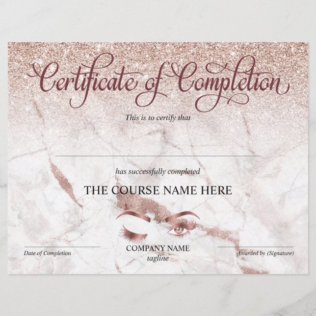 Papier Certificate of Completion Award lashes course (Devant)