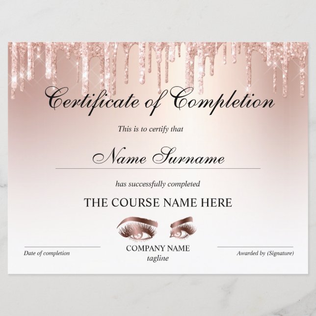 Papier Certificate of Completion Award lashes course (Devant)