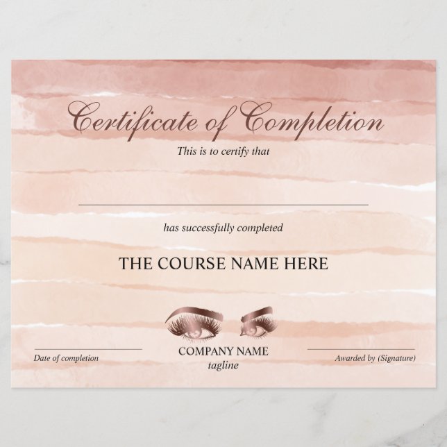 Papier Certificate of Completion Award lashes course (Devant)