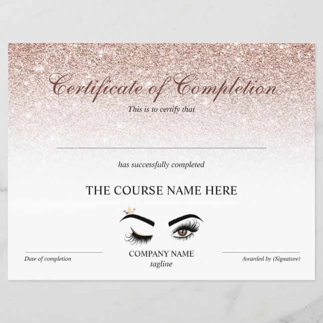 Papier Certificate of Completion Award lashes course (Devant)