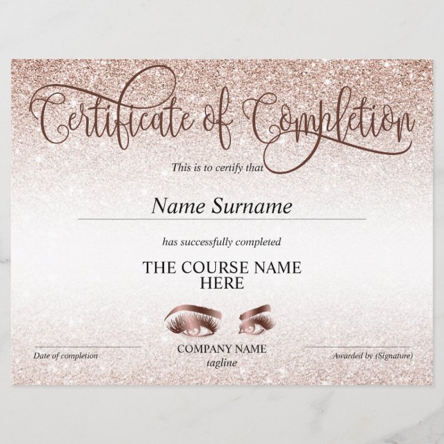 Papier Certificate of Completion Award lashes course (Devant)