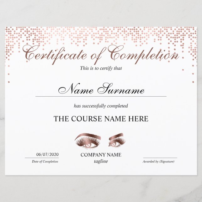 Papier Certificate of Completion Award lashes course (Devant)