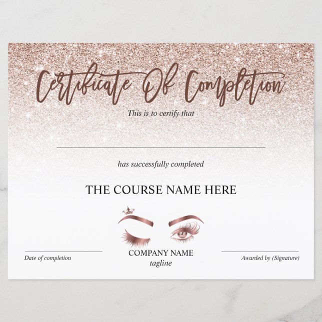 Papier Certificate of Completion Award lashes course (Devant)
