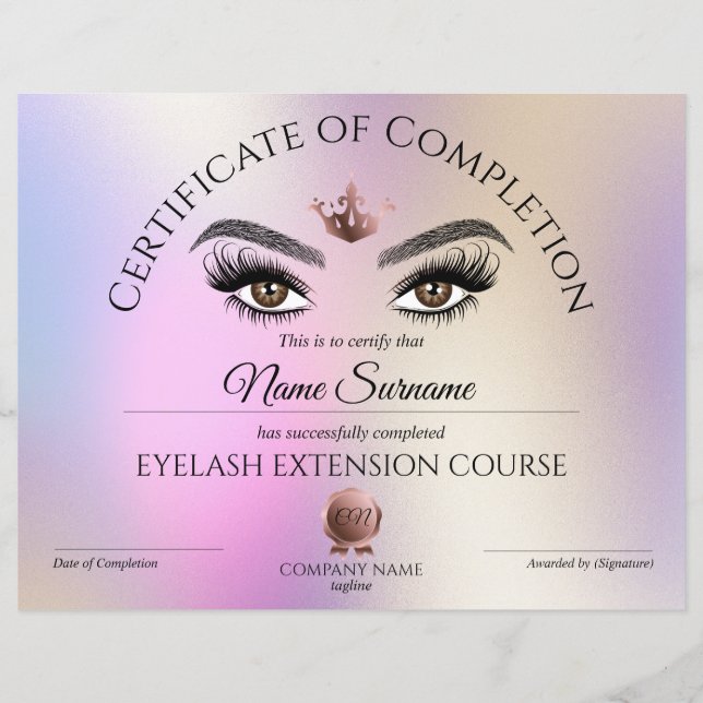 Papier Certificate of Completion Award lashes course (Devant)