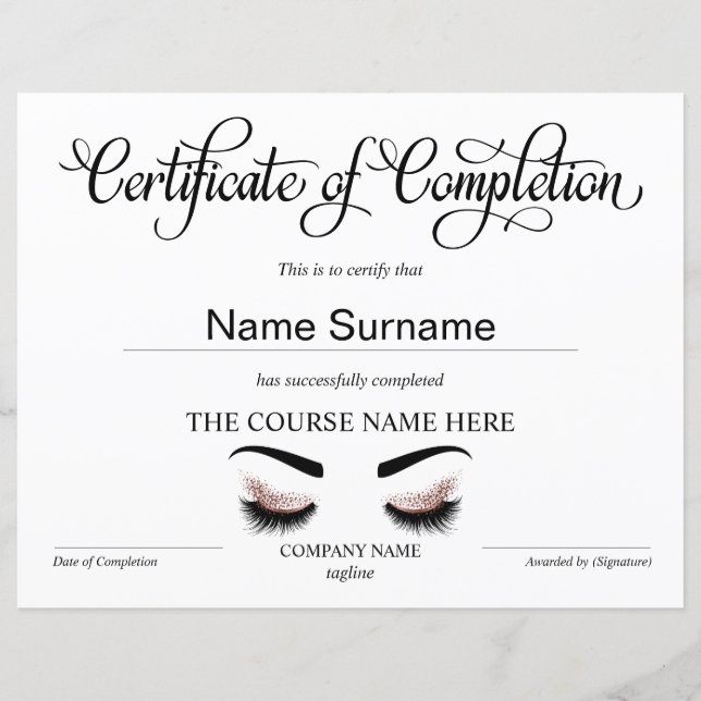 Papier Certificate of Completion Award lashes course (Devant)