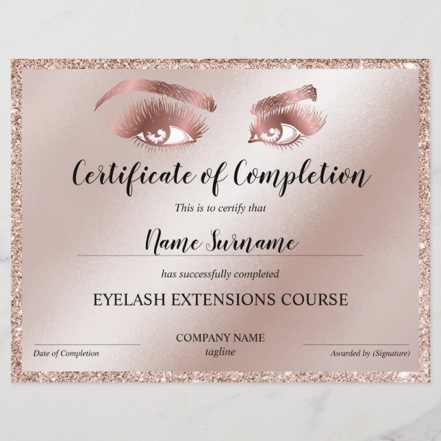 Papier Certificate of Completion Award lashes course (Devant)