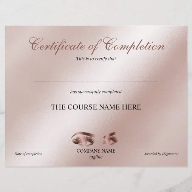 Papier Certificate of Completion Award lashes course (Devant)