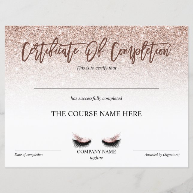 Papier Certificate of Completion Award lashes course (Devant)