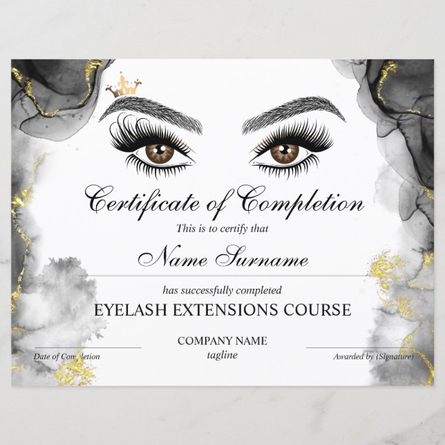 Papier Certificate of Completion Award lashes course (Devant)