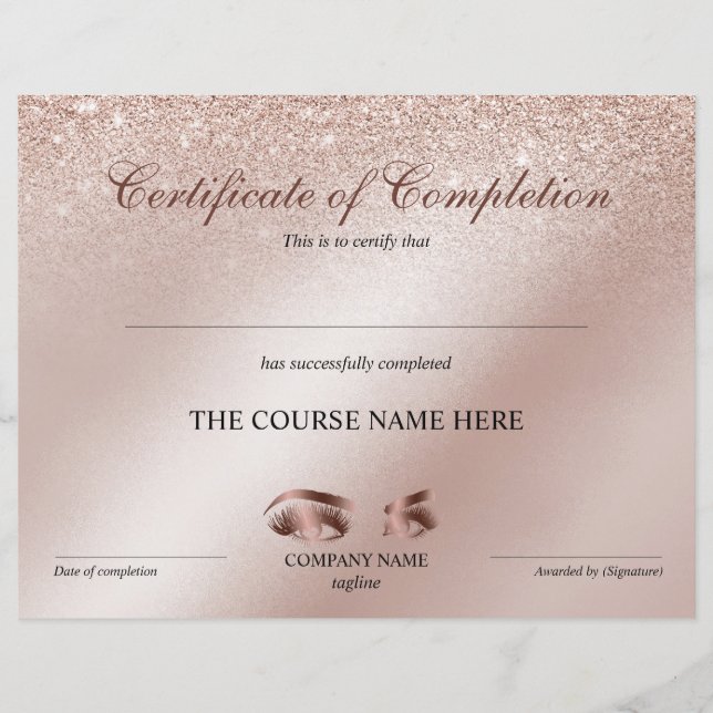 Papier Certificate of Completion Award lashes course (Devant)