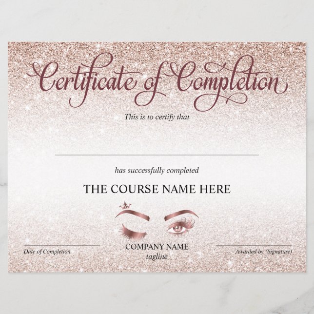 Papier Certificate of Completion Award lashes course (Devant)