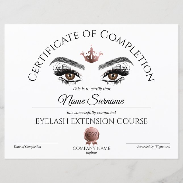 Papier Certificate of Completion Award lashes course (Devant)
