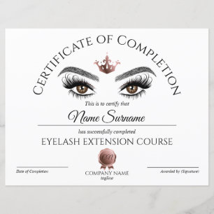 Papier Certificate of Completion Award lashes course