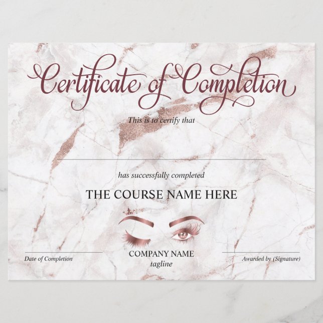 Papier Certificate of Completion Award lashes course (Devant)