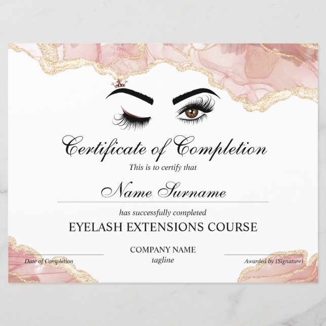 Papier Certificate of Completion Award lashes course (Devant)
