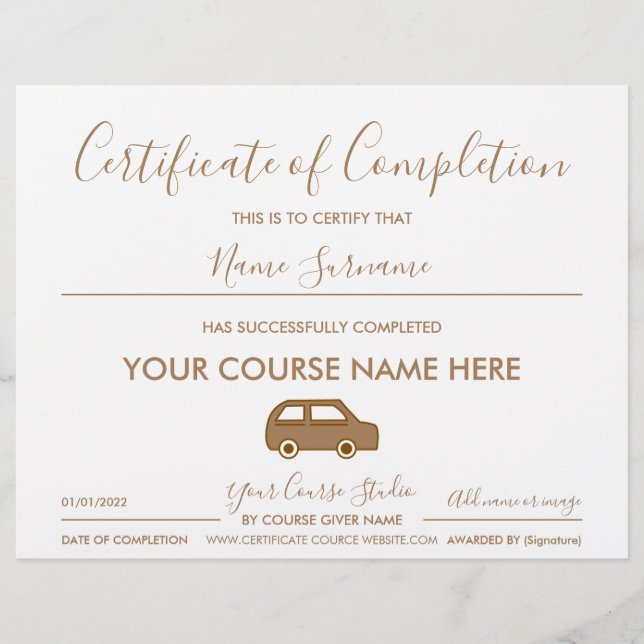 Papier certificate of completion driving car (Devant)