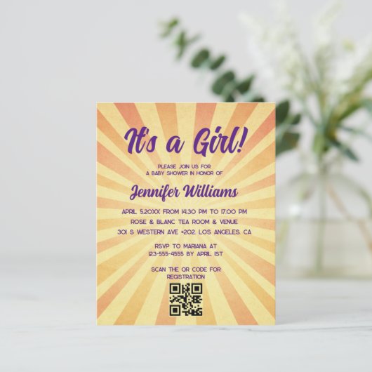 Papier c'est une fille baby shower rétro code qr invitati (Debout devant)