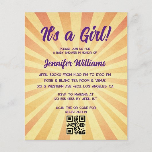 Papier c'est une fille baby shower rétro code qr invitati (Devant)
