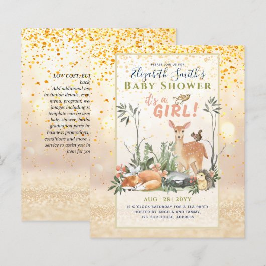 Papier C'est une FILLE ! Cute Woodland Baby Animals Douch (Devant / Derrière)