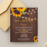 Papier Chaîne de lumières tournesols rustique chic Sweet<br><div class="desc">Floral élégant sweet sixteen d'automne 16e anniversaire abordable BUDGET fête invitation modèle sur marron brun foncé grange bois avec bouquets de tournesols d'or jaune et cordes de lumières scintillantes. Facile à personnaliser avec vos détails. Vous pouvez choisir de le customiser en changeant davantage les polices et les couleurs de l'écriture....</div>