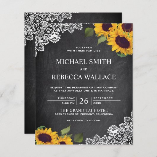 Papier Chalkboard Sunflower Budget Faire-part de mariage (Devant / Derrière)