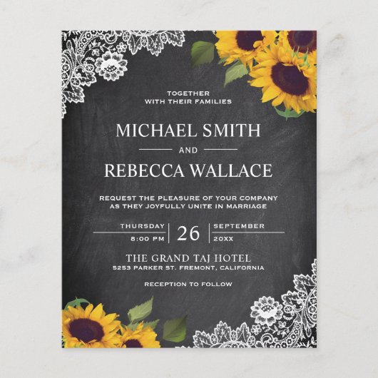 Papier Chalkboard Sunflower Budget Faire-part de mariage (Devant)