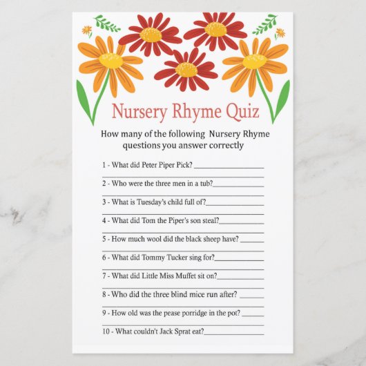 Papier Chamomile Nursery Rhyme Quiz jeu de baby shower (Devant)