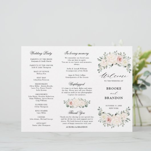 Papier Champagne Ivory Blush Rose Floral Wedding Programm (Debout devant)