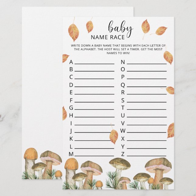 Papier Champignons de forêt - jeu de noms de bébé (Devant / Derrière)