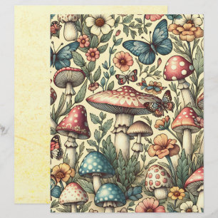 Papier Champignons vintages, Fleurs, Papillons, Scrapbook