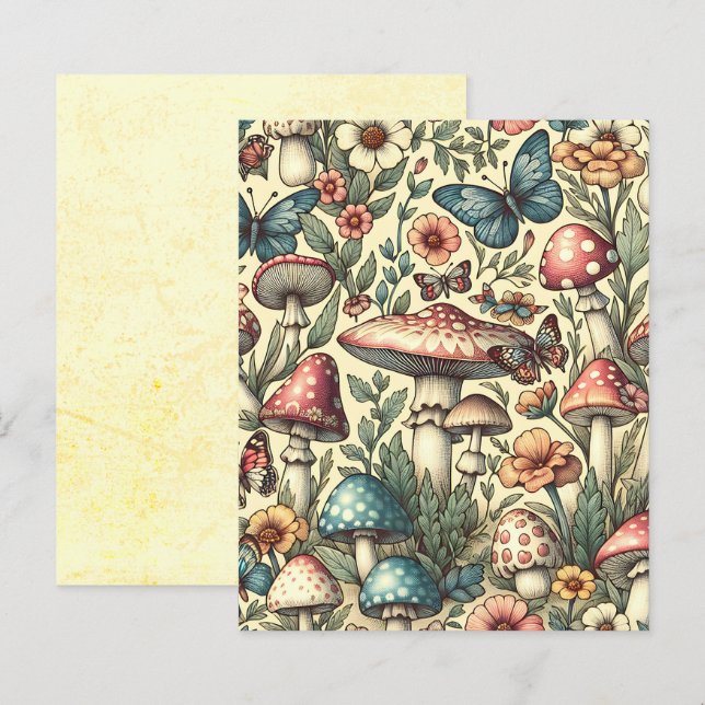 Papier Champignons vintages, Fleurs, Papillons, Scrapbook (Devant / Derrière)