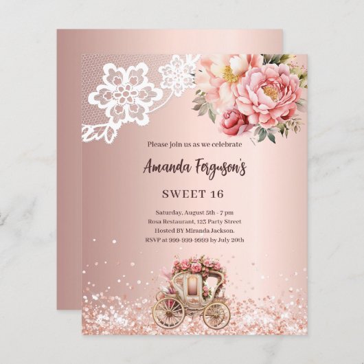 Papier Chariot rose or fleuri Sweet 16 invitation (Devant / Derrière)