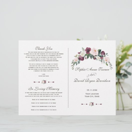 Papier Charm Burgundy Blush Ivory Floral Wedding Programm (Debout devant)