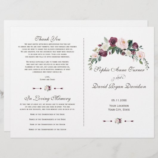 Papier Charm Burgundy Blush Ivory Floral Wedding Programm (Devant / Derrière)
