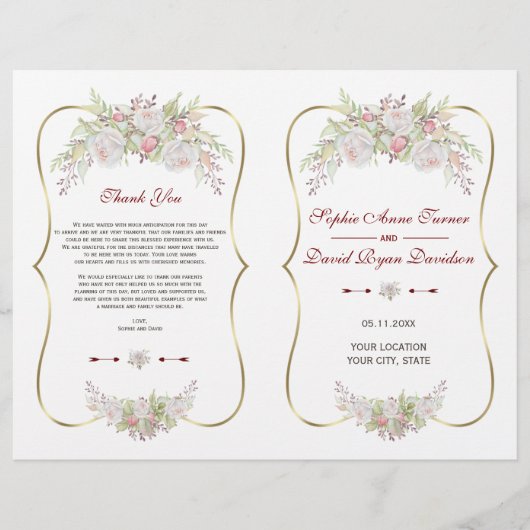 Papier Charme Fleurs blanches Gold Frame Wedding Programm (Devant)