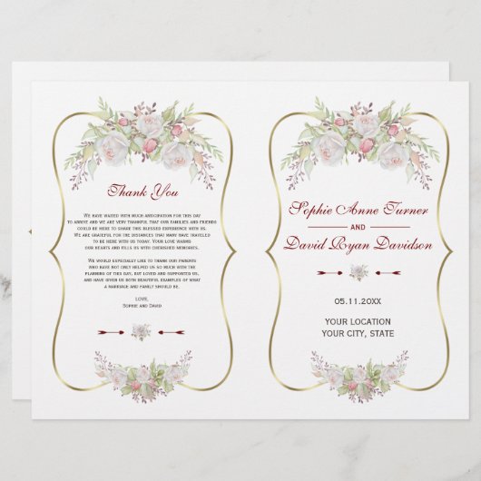 Papier Charme Fleurs blanches Gold Frame Wedding Programm (Devant / Derrière)