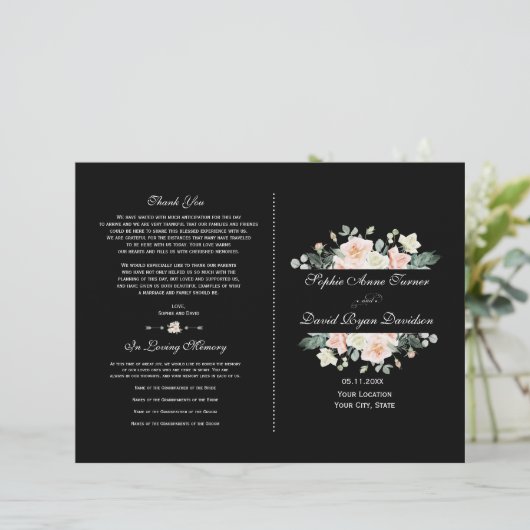 Papier Charming Blush White Floral Black Wedding Programm (Debout devant)