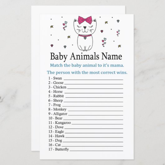 Papier Chat ou Kitten Bébé Animaux Nom Jeu (Devant / Derrière)