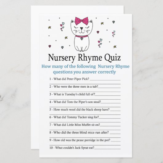 Papier Chat ou Kitten Nursery Rhyme Quiz jeu de baby show (Devant / Derrière)