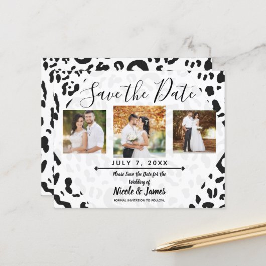 Papier Cheetah Leopard blanc et noir Enregistrer la date (Devant/Arrière en situation)
