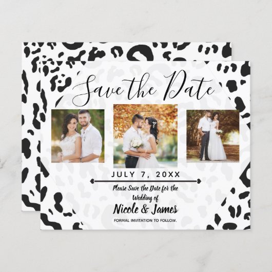 Papier Cheetah Leopard blanc et noir Enregistrer la date (Devant / Derrière)