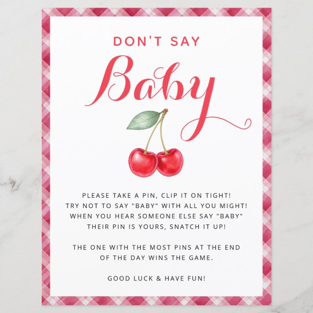Papier Cherry Baby shower Ne pas dire Baby Game Sign (Devant)