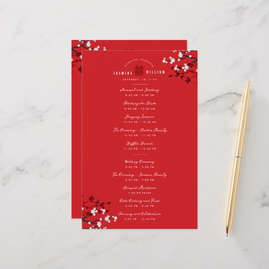 Papier Cherry Blossoms Double Xi Chinese Wedding Programm (Devant/Arrière en situation)