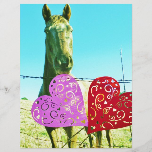 Papier Cheval blond et Coeurs rose et rouge (Devant)