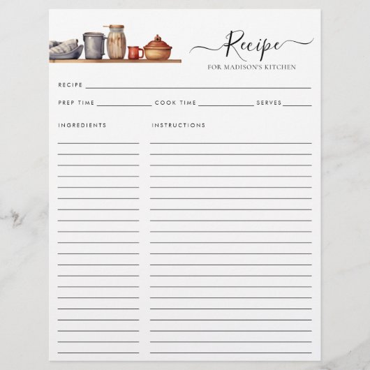 Papier Chic Aquarelle Cuisine étagère Pots Ustensiles Rec (Devant)