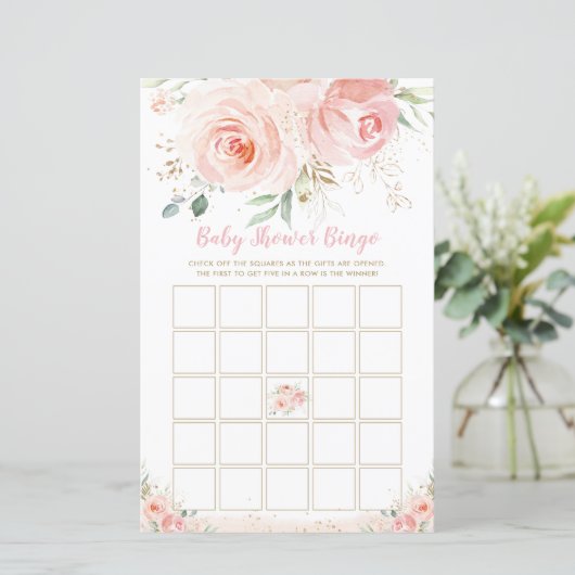 Papier Chic Blush rose Baby shower Floral Jeu de Bingo (Debout devant)
