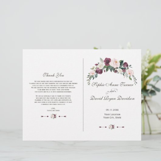 Papier Chic Bourgogne Blush Ivory Floral Wedding Programm (Debout devant)