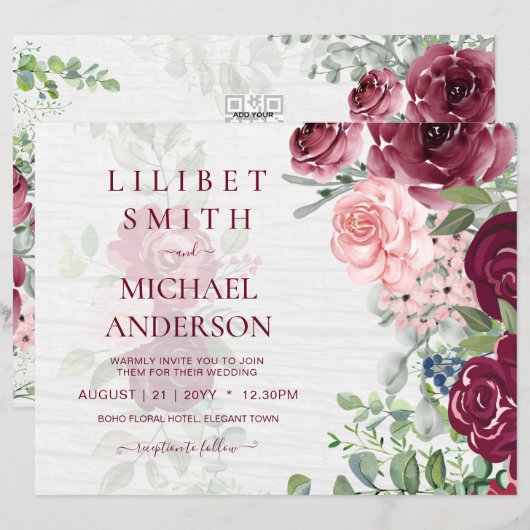 Papier Chic Bourgogne Blush Rose Floral Mariage (Devant / Derrière)