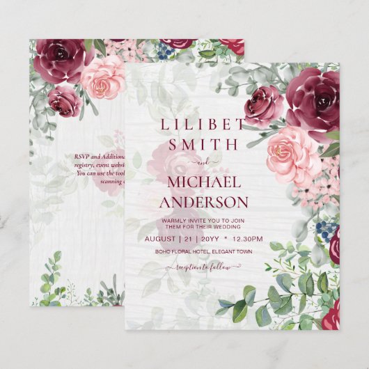Papier Chic Bourgogne Blush Rose Floral Mariage (Devant / Derrière)